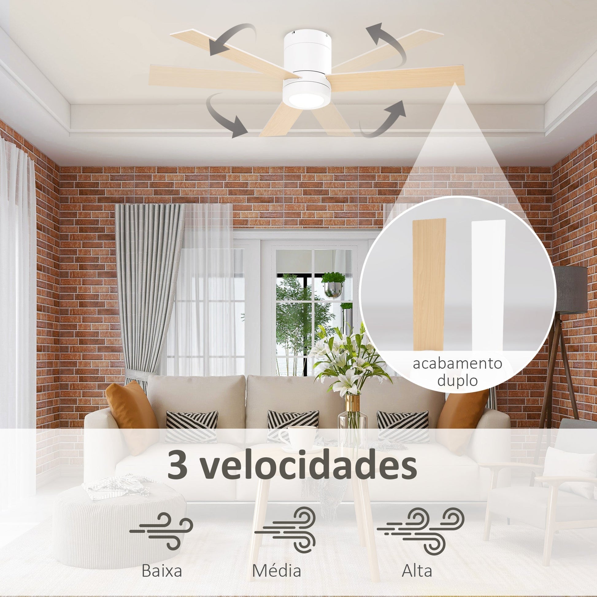 HOMCOM Ventoinha de Teto 48W com Luz LED Controle Remoto 3 Velocidades Temporizador 3 Lâminas de Madeira para Dormitório Sala de Estar Sala de Jantar Ø112x25cm Branco - A minha loja