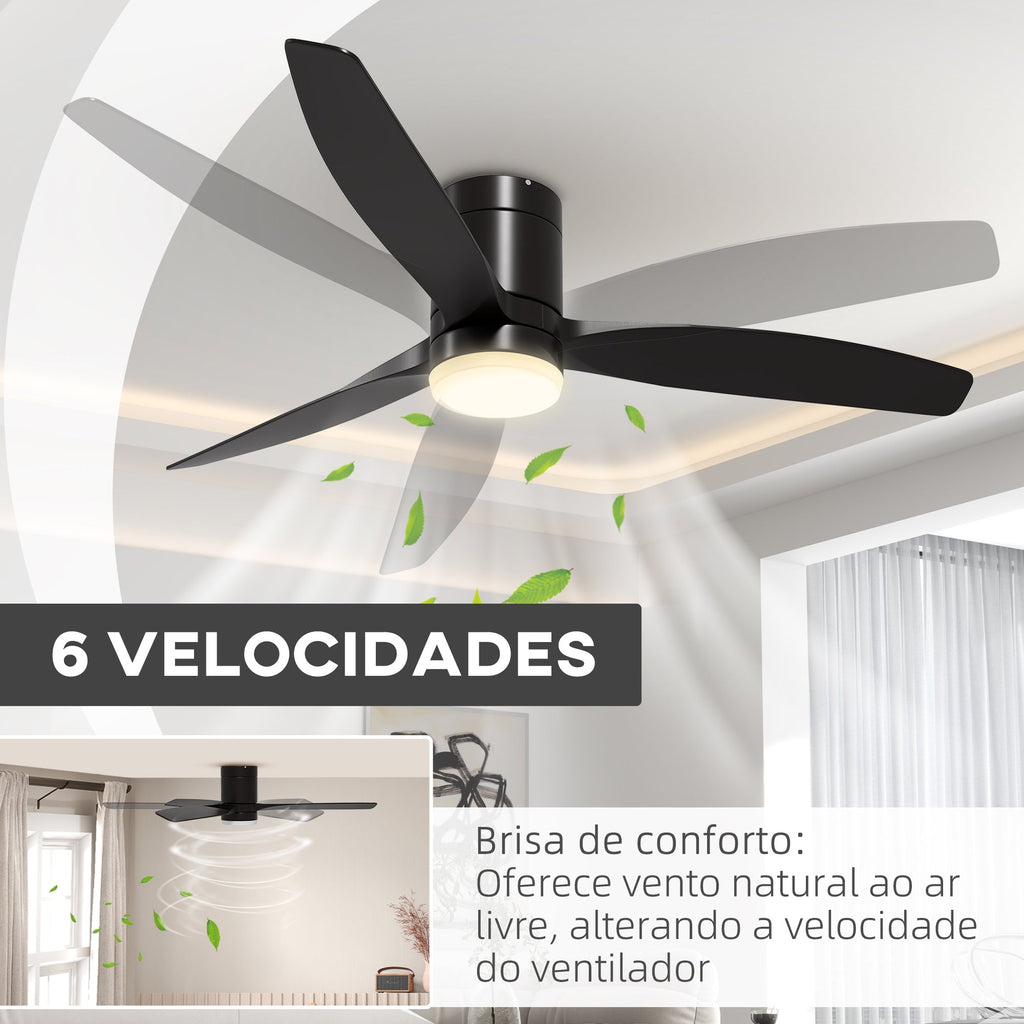 HOMCOM Ventoinha de Teto com Luz 46W Ventoinha de Teto Silencioso Ø132 cm com 3 Lâminas Reversíveis Controlo Remoto 6 Velocidades e Temporizador para Quarto Sala Preto - A minha loja