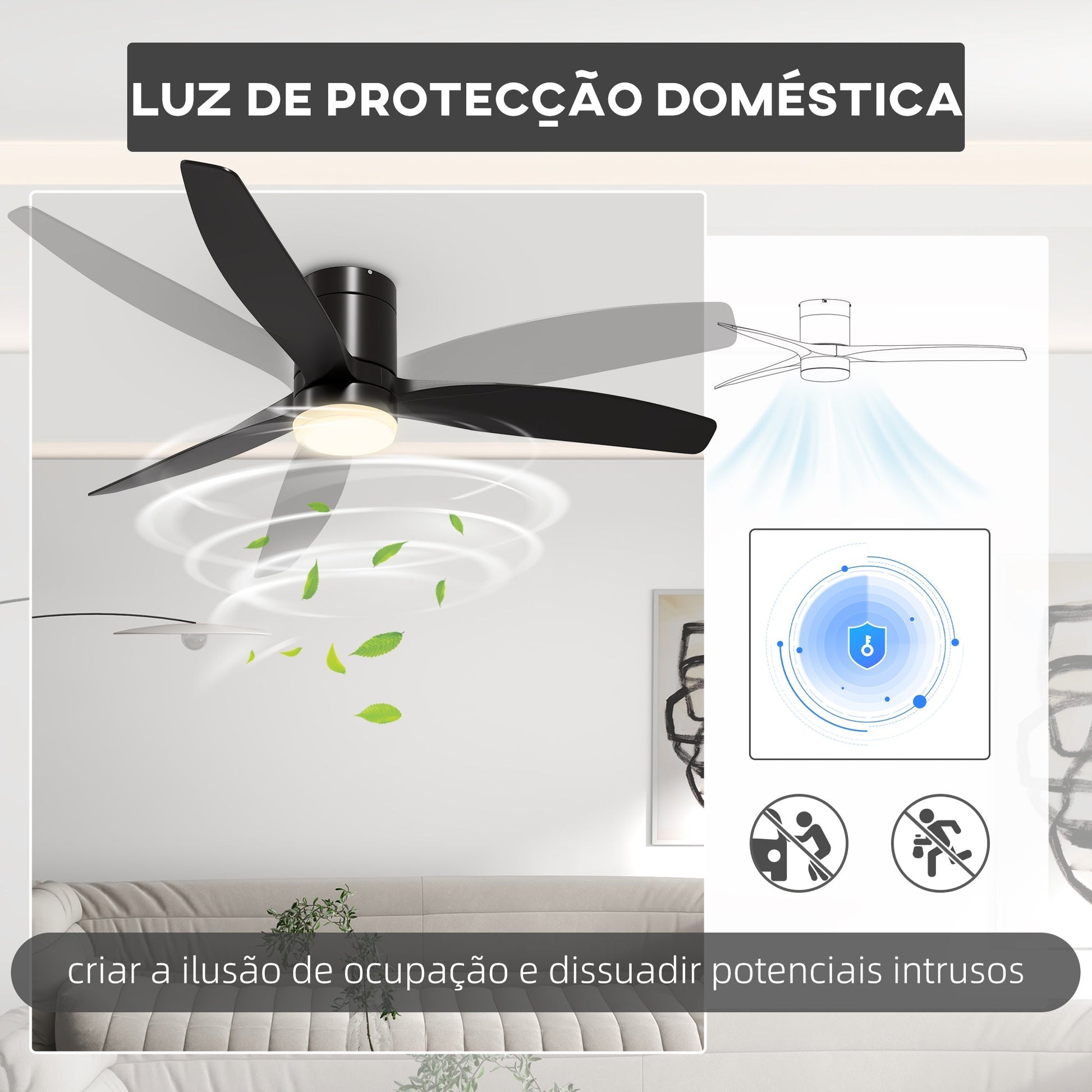 HOMCOM Ventoinha de Teto com Luz 46W Ventoinha de Teto Silencioso Ø132 cm com 3 Lâminas Reversíveis Controlo Remoto 6 Velocidades e Temporizador para Quarto Sala Preto - A minha loja