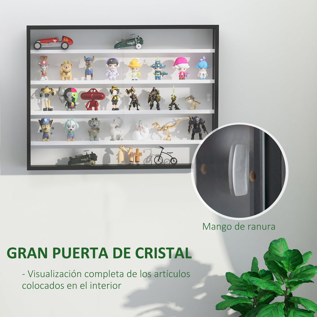 HOMCOM Vitrine de Parede de Madeira com Prateleiras Ajustáveis e 2 Portas Corredeiras de Vidro para Coleções Perfumes Bonecos de Decoração 80x9,5x60cm Preto - A minha loja