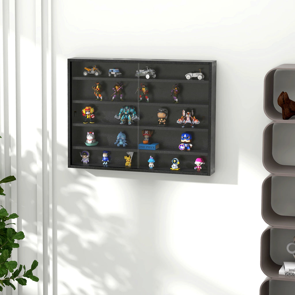 HOMCOM Vitrine de Parede de Madeira com Prateleiras Ajustáveis e 2 Portas Corredeiras de Vidro para Coleções Perfumes Bonecos de Decoração 80x9,5x60cm Preto - A minha loja