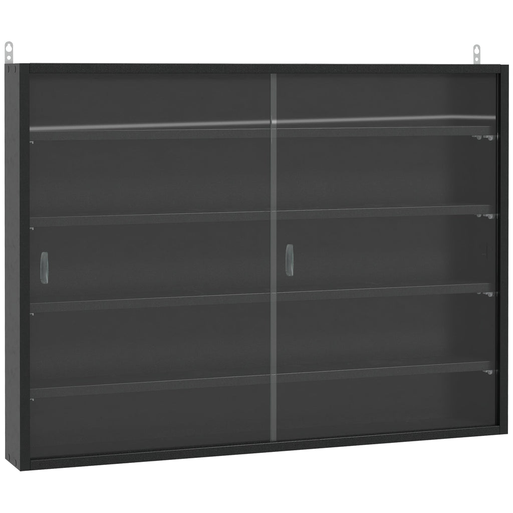 HOMCOM Vitrine de Parede de Madeira com Prateleiras Ajustáveis e 2 Portas Corredeiras de Vidro para Coleções Perfumes Bonecos de Decoração 80x9,5x60cm Preto - A minha loja