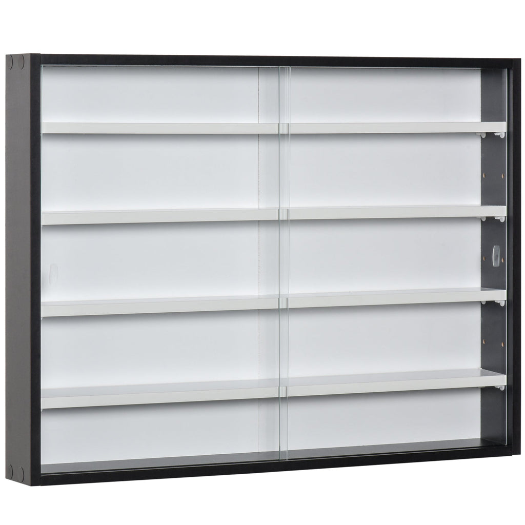 HOMCOM Vitrine de Parede de Madeira com Prateleiras Ajustáveis e 2 Portas Corredeiras de Vidro para Coleções Perfumes Bonecos de Decoração 80x9,5x60cm Preto - A minha loja