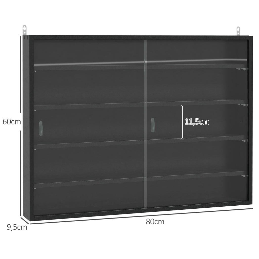 HOMCOM Vitrine de Parede de Madeira com Prateleiras Ajustáveis e 2 Portas Corredeiras de Vidro para Coleções Perfumes Bonecos de Decoração 80x9,5x60cm Preto - A minha loja