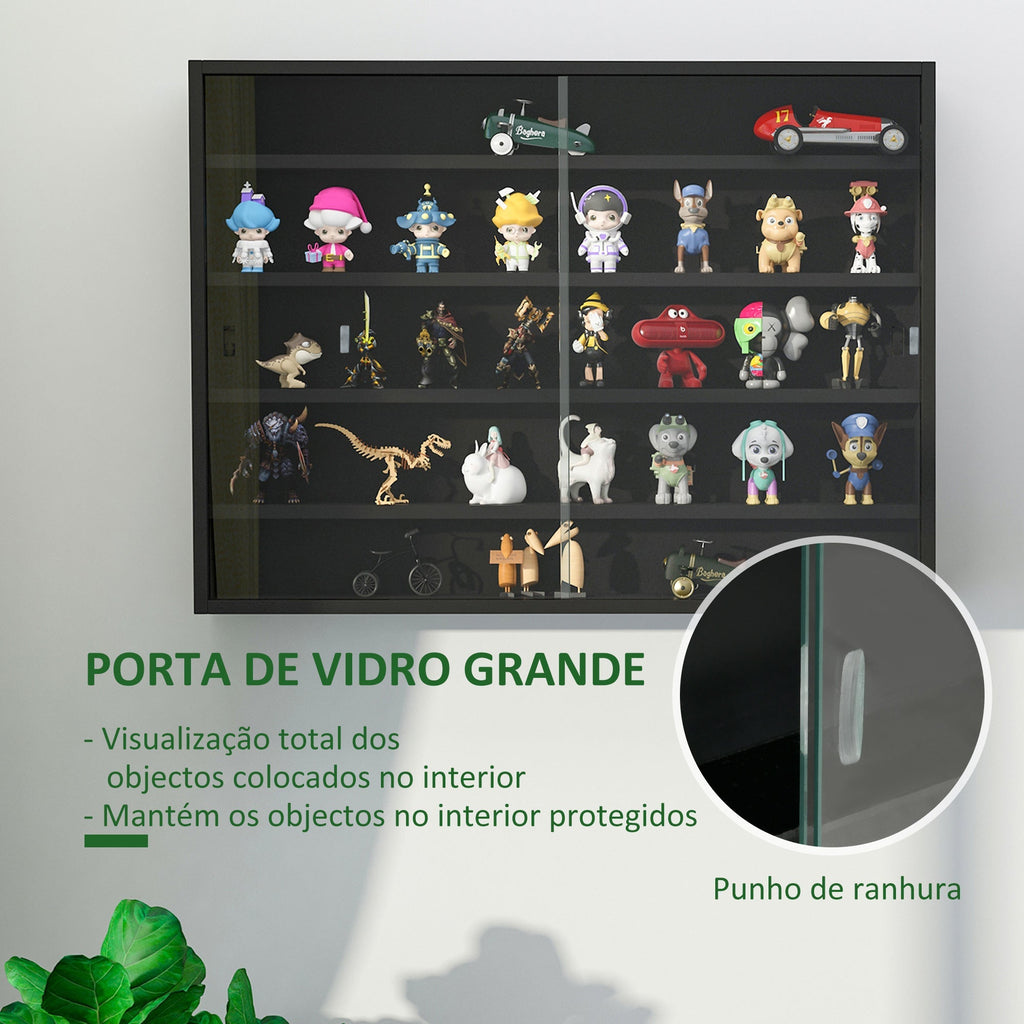HOMCOM Vitrine de Parede de Madeira com Prateleiras Ajustáveis e 2 Portas Corredeiras de Vidro para Coleções Perfumes Bonecos de Decoração 80x9,5x60cm Preto - A minha loja