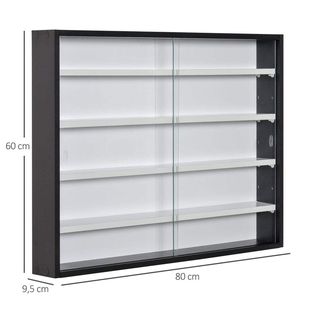 HOMCOM Vitrine de Parede de Madeira com Prateleiras Ajustáveis e 2 Portas Corredeiras de Vidro para Coleções Perfumes Bonecos de Decoração 80x9,5x60cm Preto - A minha loja