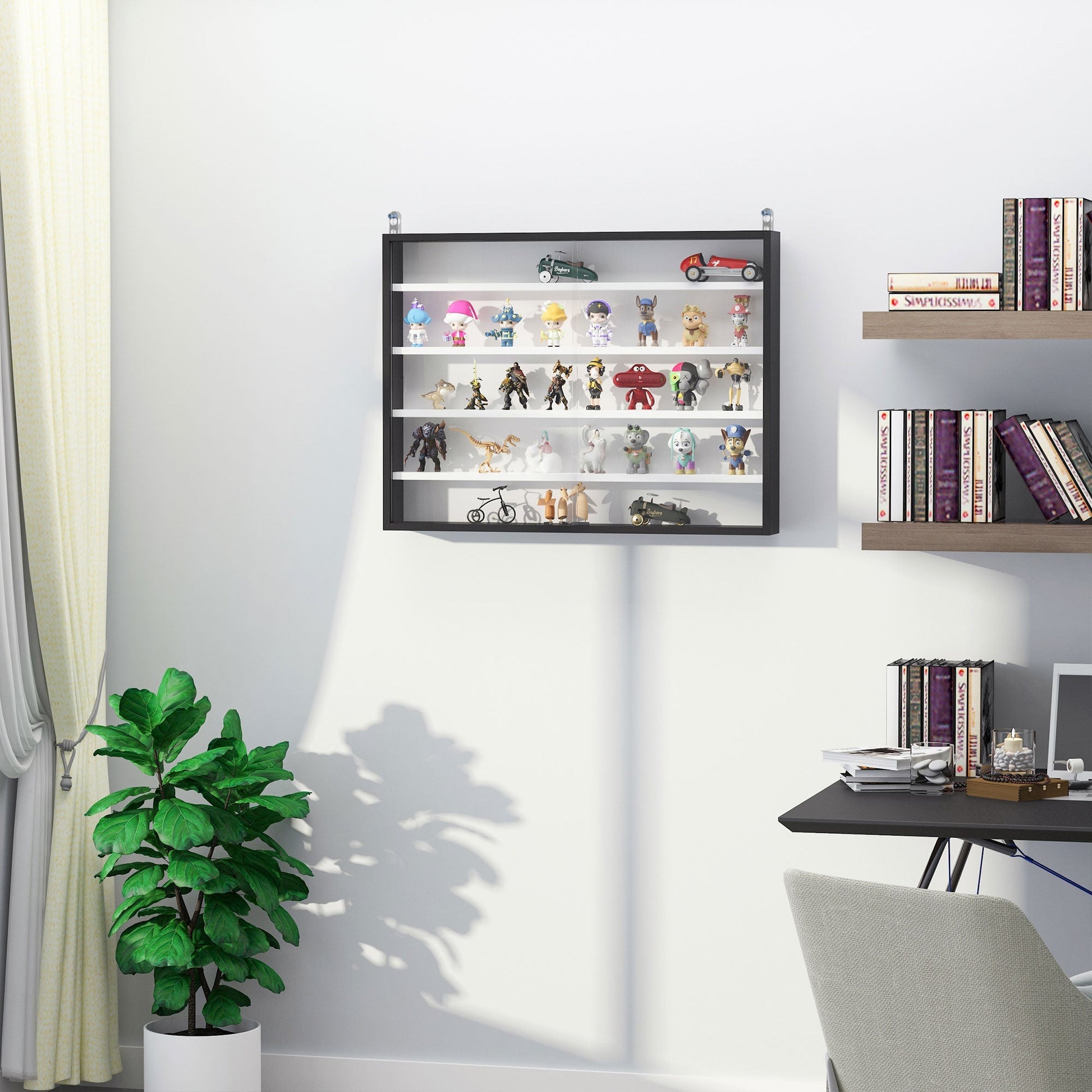 HOMCOM Vitrine de Parede de Madeira com Prateleiras Ajustáveis e 2 Portas Corredeiras de Vidro para Coleções Perfumes Bonecos de Decoração 80x9,5x60cm Preto - A minha loja