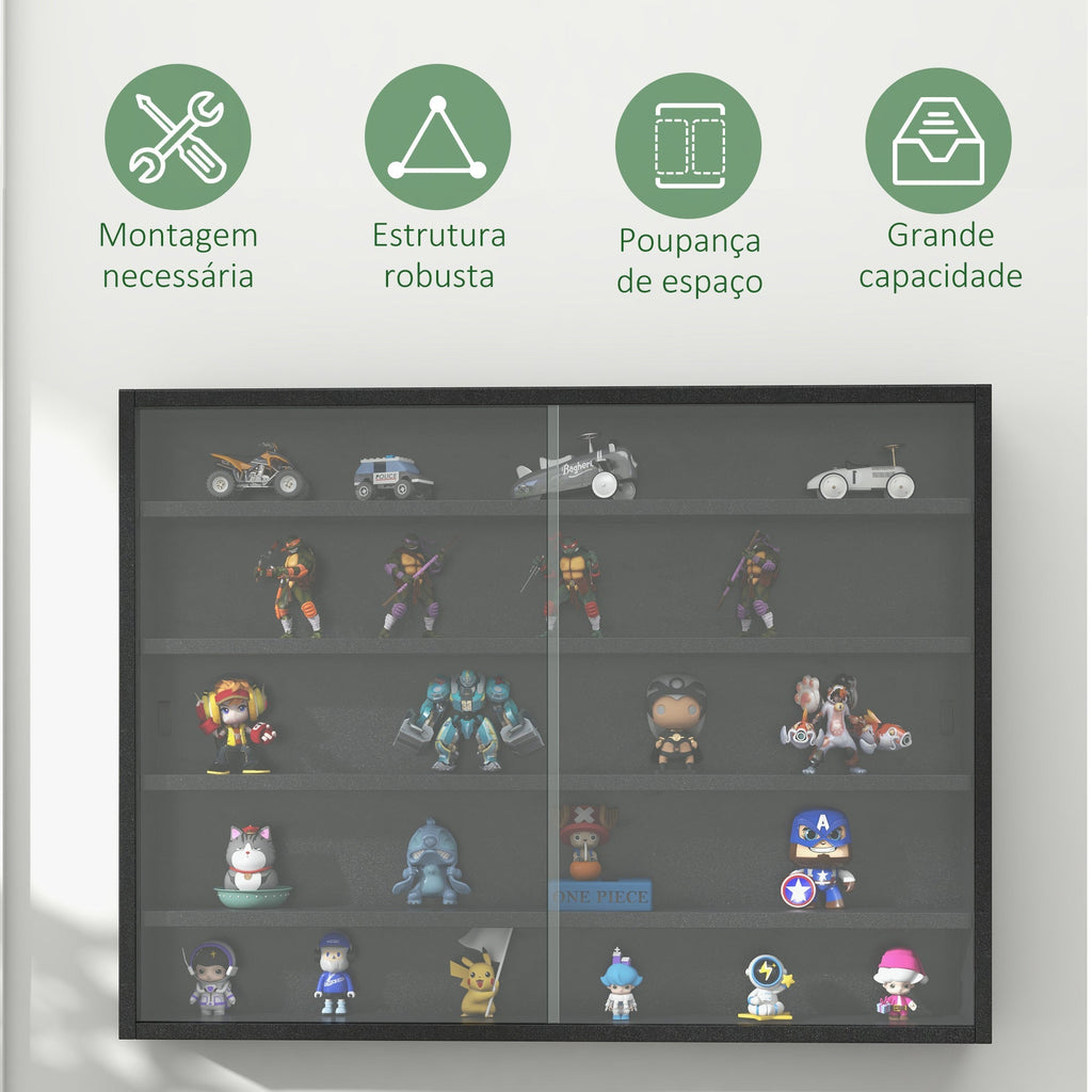 HOMCOM Vitrine de Parede de Madeira com Prateleiras Ajustáveis e 2 Portas Corredeiras de Vidro para Coleções Perfumes Bonecos de Decoração 80x9,5x60cm Preto - A minha loja