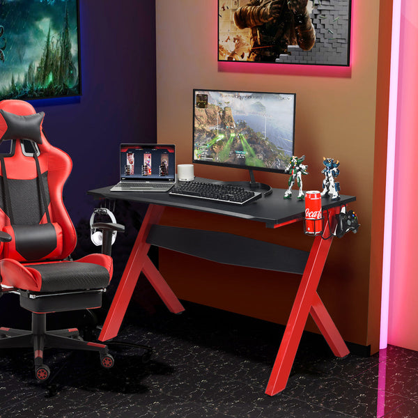 Secretária Gaming "ShadowX" - 115 x 60 cm | Mesa Ergonómica para Jogadores com Porta-copos, Suporte para Headset e Tapete de Rato