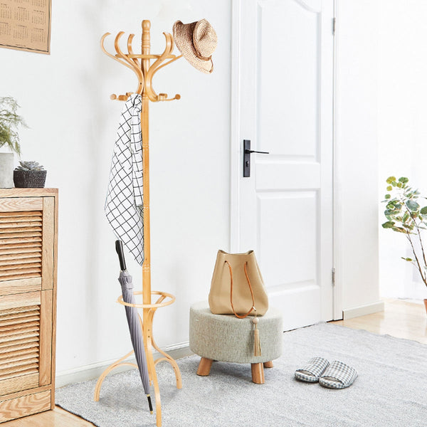 Cabide de Pé Alrik – 182 cm – Madeira Natural com 12 Ganchos Giratórios
