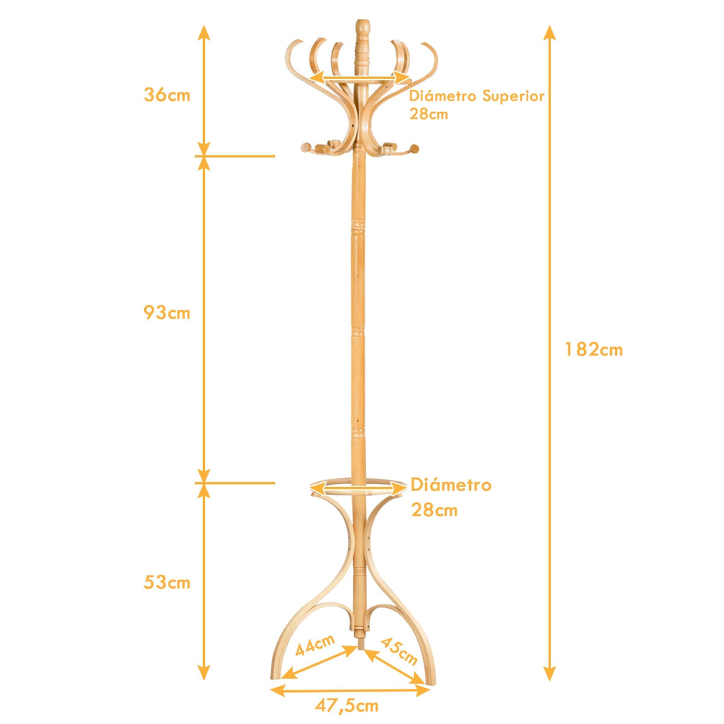 Cabide de Pé Alrik – 182 cm – Madeira Natural com 12 Ganchos Giratórios