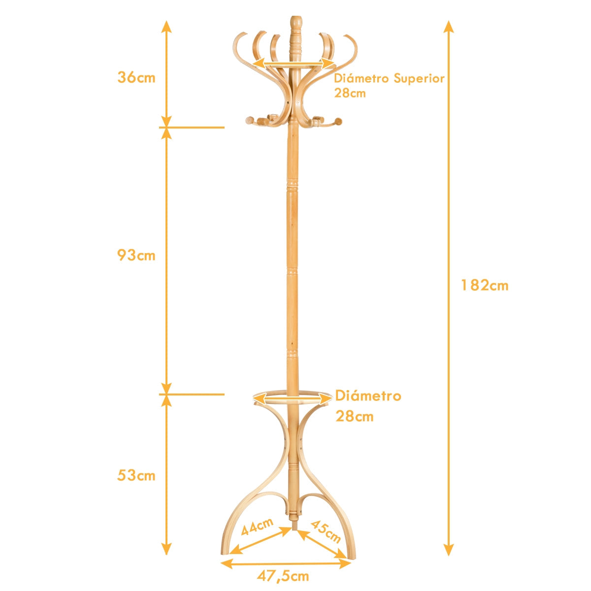 Cabide de Pé Alrik – 182 cm – Madeira Natural com 12 Ganchos Giratórios
