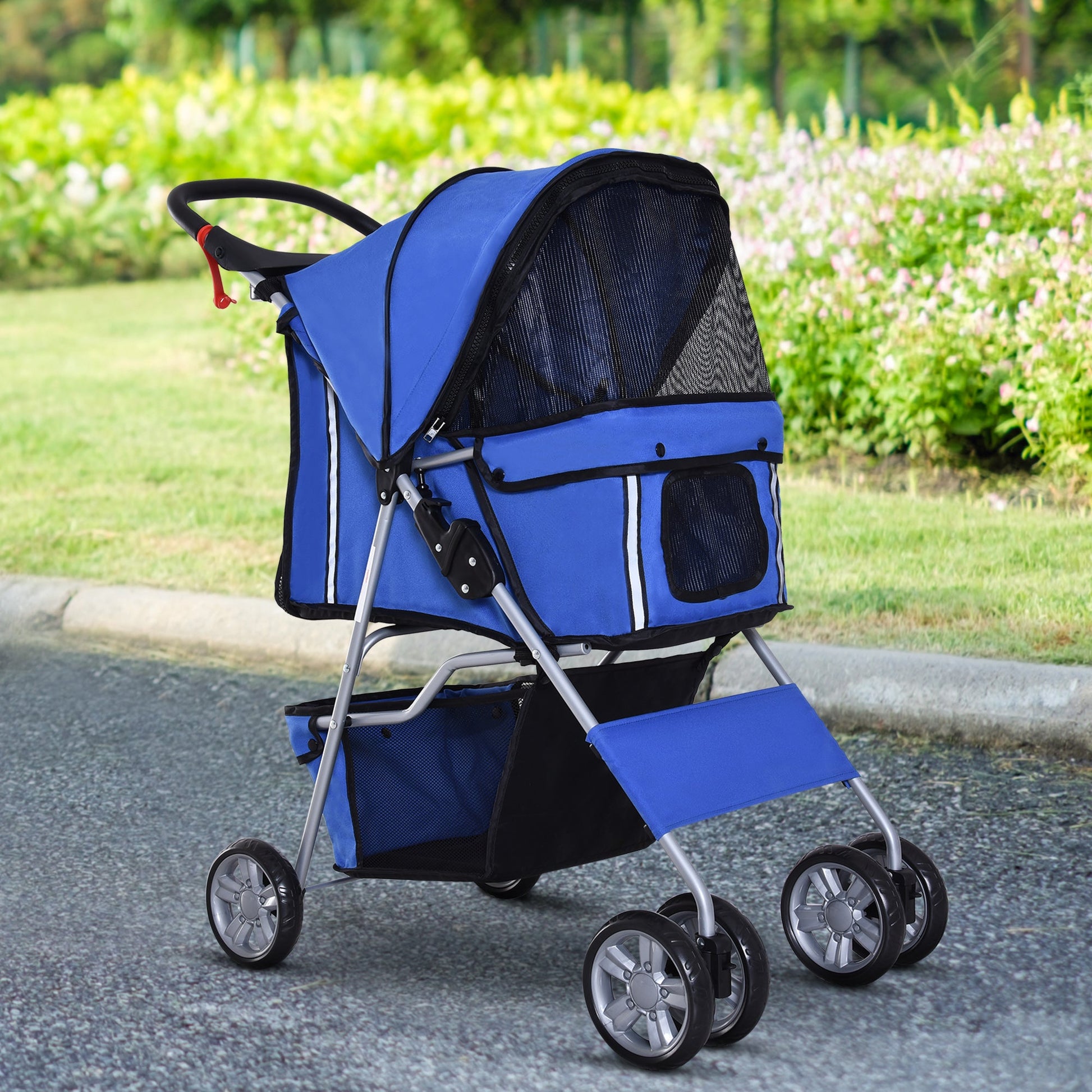 PawHut Carrinho de Passeio para Animais de Estimação Carrinho para Cães e Gatos Dobrável com Capô Ajustável Cesta de Armazenamento Suporte para Copos e Travão 75x45x97cm Azul