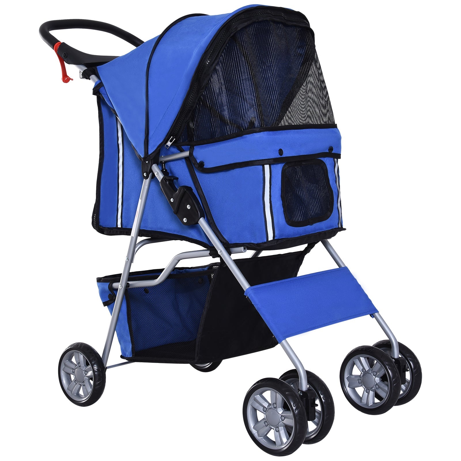PawHut Carrinho de Passeio para Animais de Estimação Carrinho para Cães e Gatos Dobrável com Capô Ajustável Cesta de Armazenamento Suporte para Copos e Travão 75x45x97cm Azul