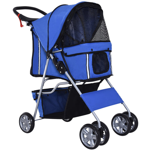 PawHut Carrinho de Passeio para Animais de Estimação Carrinho para Cães e Gatos Dobrável com Capô Ajustável Cesta de Armazenamento Suporte para Copos e Travão 75x45x97cm Azul