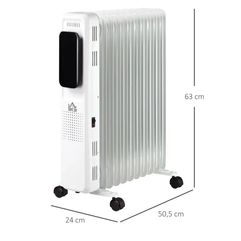 Aquecedor a Óleo 2290/2720W com 3 Modos de Aquecimento Tela LED Controle Tátil Termostato Temporizador 24H e Rodas Baixo Consumo para 20m² 50,5x24x63cm Branco