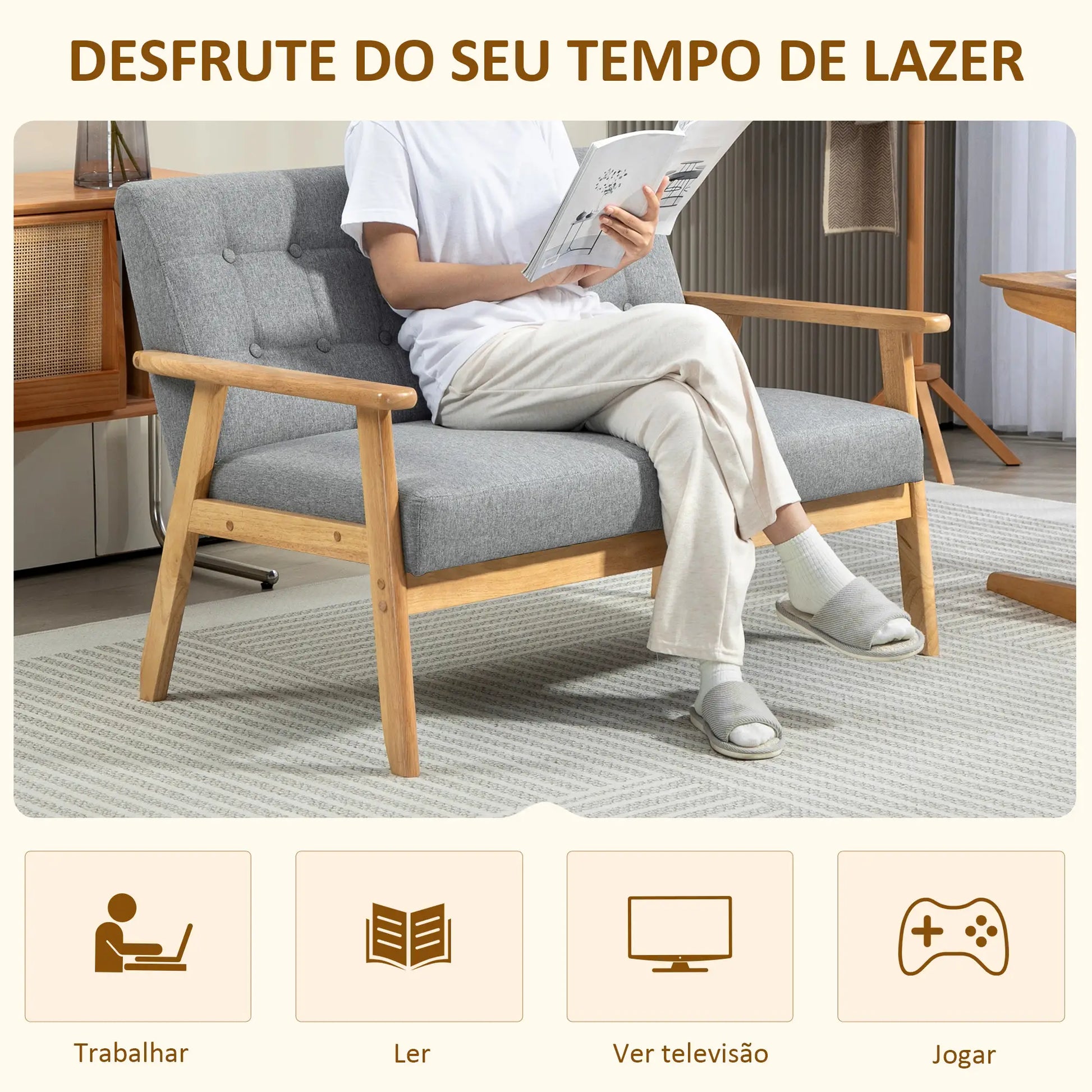 Sofá 2 Lugares Sofá Estofado em Linho com Apoio para os Braços de Madeira Encosto Acolchoado Carga 250 kg Poltrona para Sala de Estar Dormitório 114x75x76 cm Cinza Claro