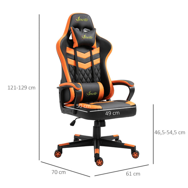 Cadeira Gaming Cadeira de Escritório Ergonómica com Altura Regulável Basculante com Apoio de Cabeça e Almofada Lombar 61x70x121-129 cm Laranja