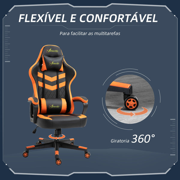 Cadeira Gaming Cadeira de Escritório Ergonómica com Altura Regulável Basculante com Apoio de Cabeça e Almofada Lombar 61x70x121-129 cm Laranja