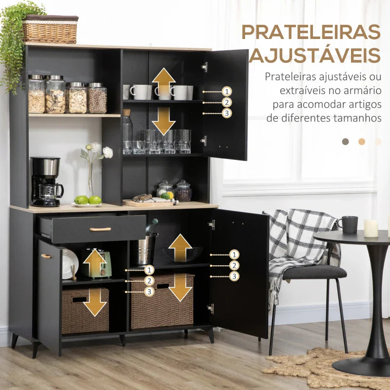 Armário de Cozinha Aparador de Sala de Jantar com 1 Gaveta 3 Portas e Armazenamento Aberto Móvel Auxiliar para Microondas de Estilo Moderno 119x41x180cm Preto