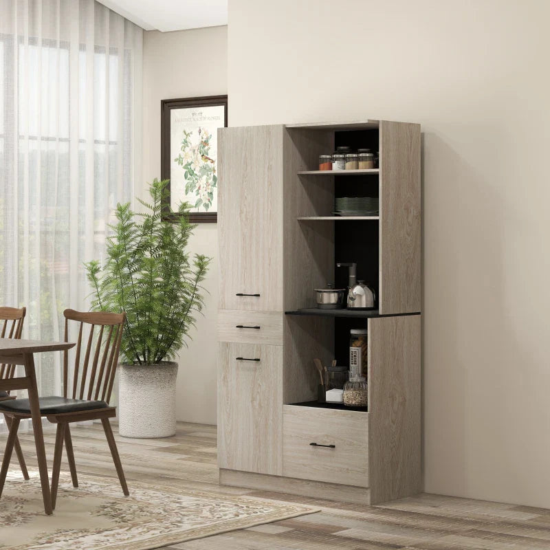 Armário de Cozinha Moderno Armário de Cozinha com 2 Gavetas 2 Armários e 4 Prateleiras Abertas Móvel Auxiliar de Cozinha 90x40x170 cm Madeira e Preto