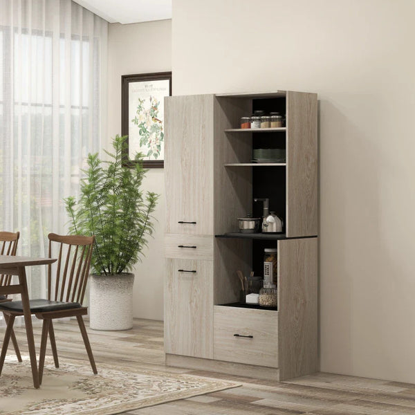 Armário de Cozinha Moderno Armário de Cozinha com 2 Gavetas 2 Armários e 4 Prateleiras Abertas Móvel Auxiliar de Cozinha 90x40x170 cm Madeira e Preto