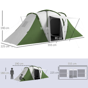 Tenda de Campismo Familiar para 4-6 Pessoas com 2 Dormitórios Tenda de Campismo Grande Impermeável 3000 mm com Bolsa de Transporte 555x225x190 cm Cinza e Verde