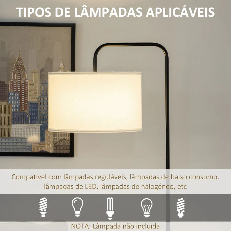 Candeeiro de Pé Moderno Lâmpada E27 Máx. 40W com Ecrã de Linho Estrutura de Aço e Interruptor de Pé Candeeiro de Leitura para Sala de Estar Dormitório 64x38x163,5cm Branco e Preto