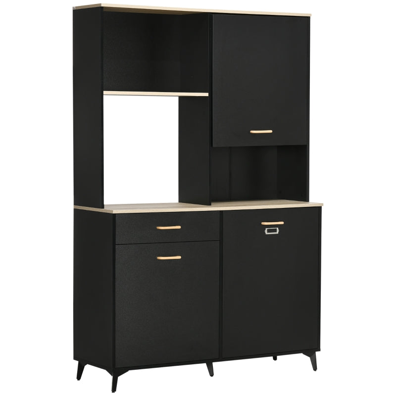 Armário de Cozinha Aparador de Sala de Jantar com 1 Gaveta 3 Portas e Armazenamento Aberto Móvel Auxiliar para Microondas de Estilo Moderno 119x41x180cm Preto