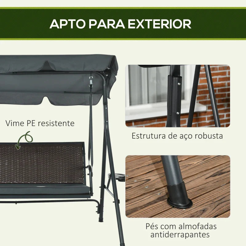 Baloiço de Jardim de 3 Lugares Baloiço para Exterior com Toldo Ajustável Assento de Vime 2 Suporte para Capos 2 Bandejas e Estrutura de Aço para Varanda Pátio 204x112x150 cm Cinza