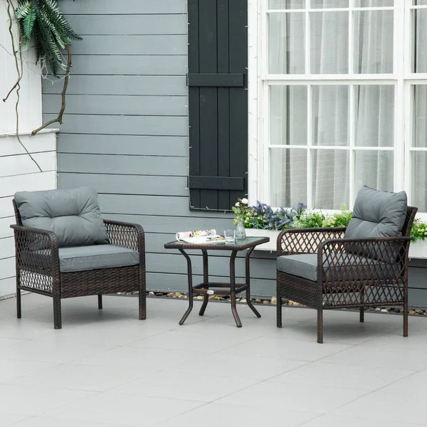 Conjunto Móveis de Vime 3 Peças de Jardim 2 Poltronas 65x66x75cm e 1 Mesa 50x50x50cm de Vidro Temperado com Almofadas Acolchoadas para Terraço Pátio Marrom
