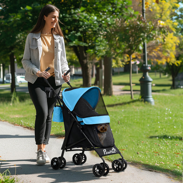 PawHut Carrinho para Cães Pequenos com Estrutura Compacta Carrinho Dobrável com Colchão Lavável Suporte para Copos Janelas de Rede e Bolsa de Arrumação 76x44x103 cm Azul