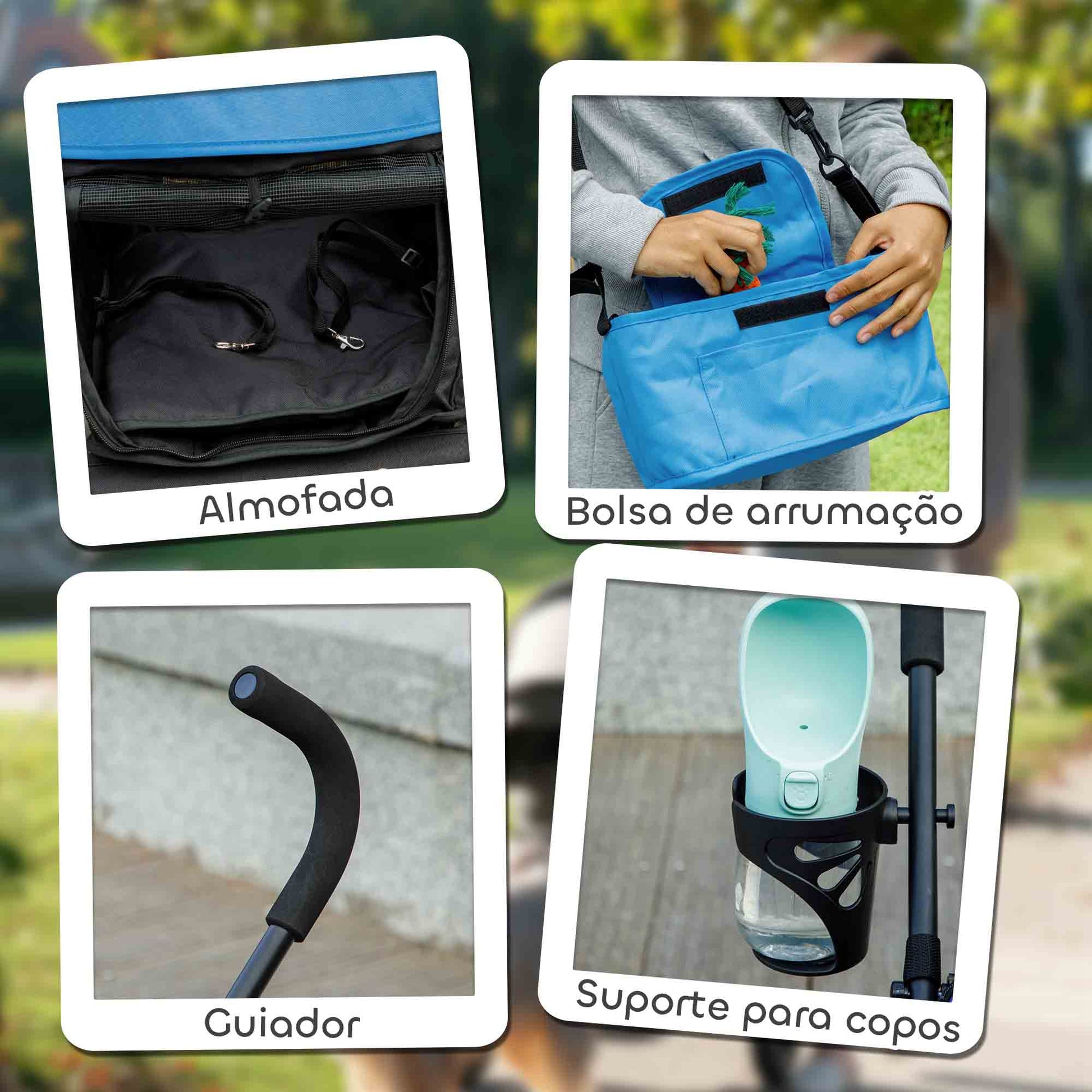PawHut Carrinho para Cães Pequenos com Estrutura Compacta Carrinho Dobrável com Colchão Lavável Suporte para Copos Janelas de Rede e Bolsa de Arrumação 76x44x103 cm Azul