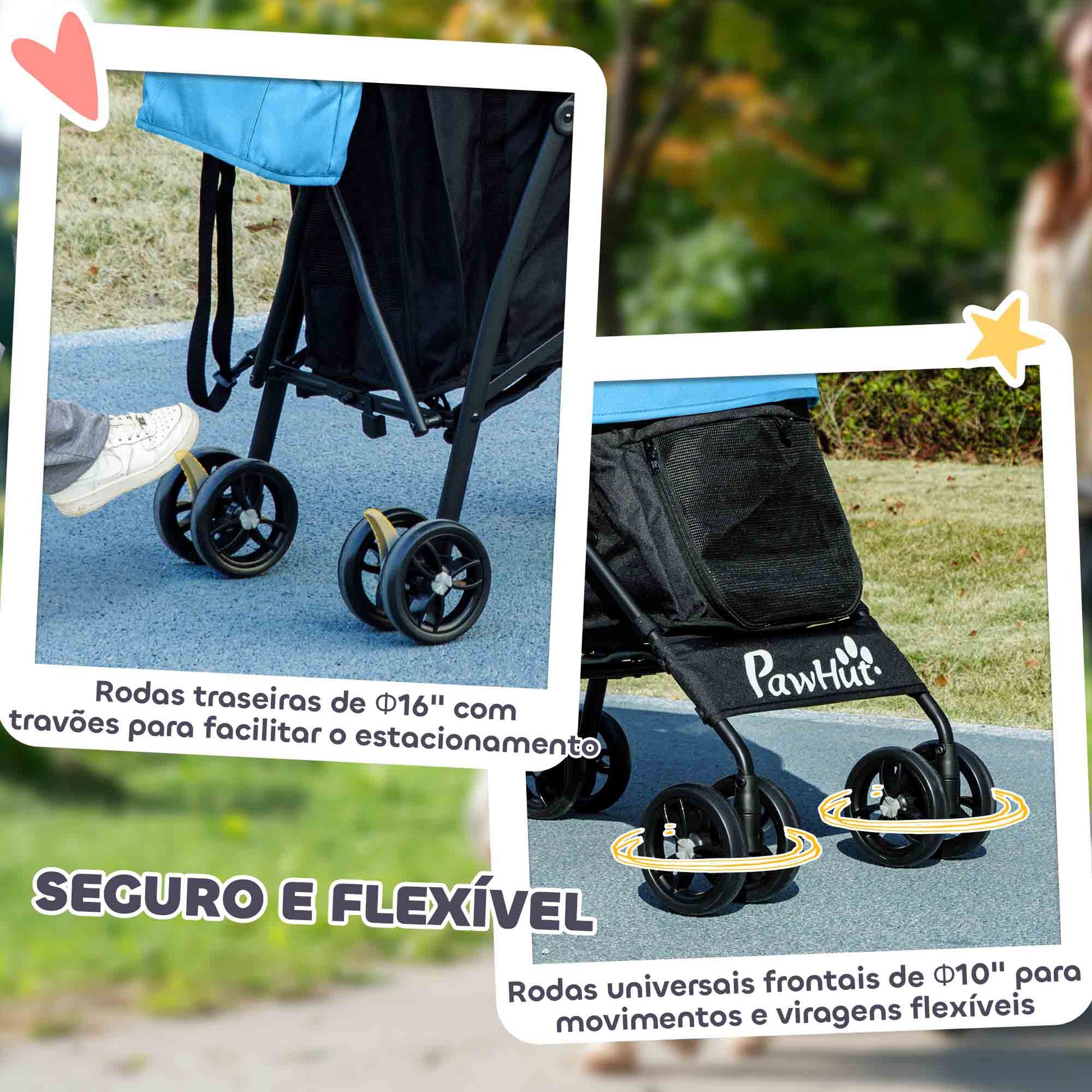 PawHut Carrinho para Cães Pequenos com Estrutura Compacta Carrinho Dobrável com Colchão Lavável Suporte para Copos Janelas de Rede e Bolsa de Arrumação 76x44x103 cm Azul