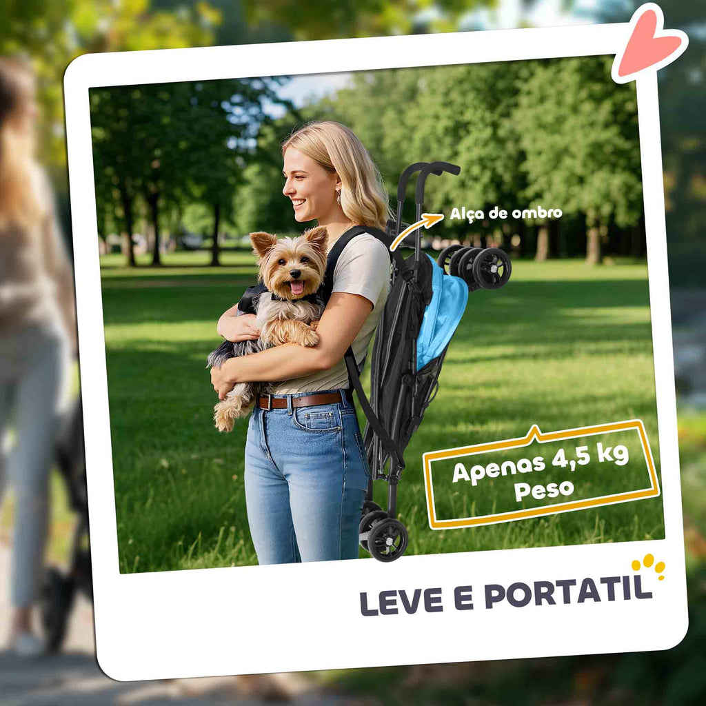 PawHut Carrinho para Cães Pequenos com Estrutura Compacta Carrinho Dobrável com Colchão Lavável Suporte para Copos Janelas de Rede e Bolsa de Arrumação 76x44x103 cm Azul