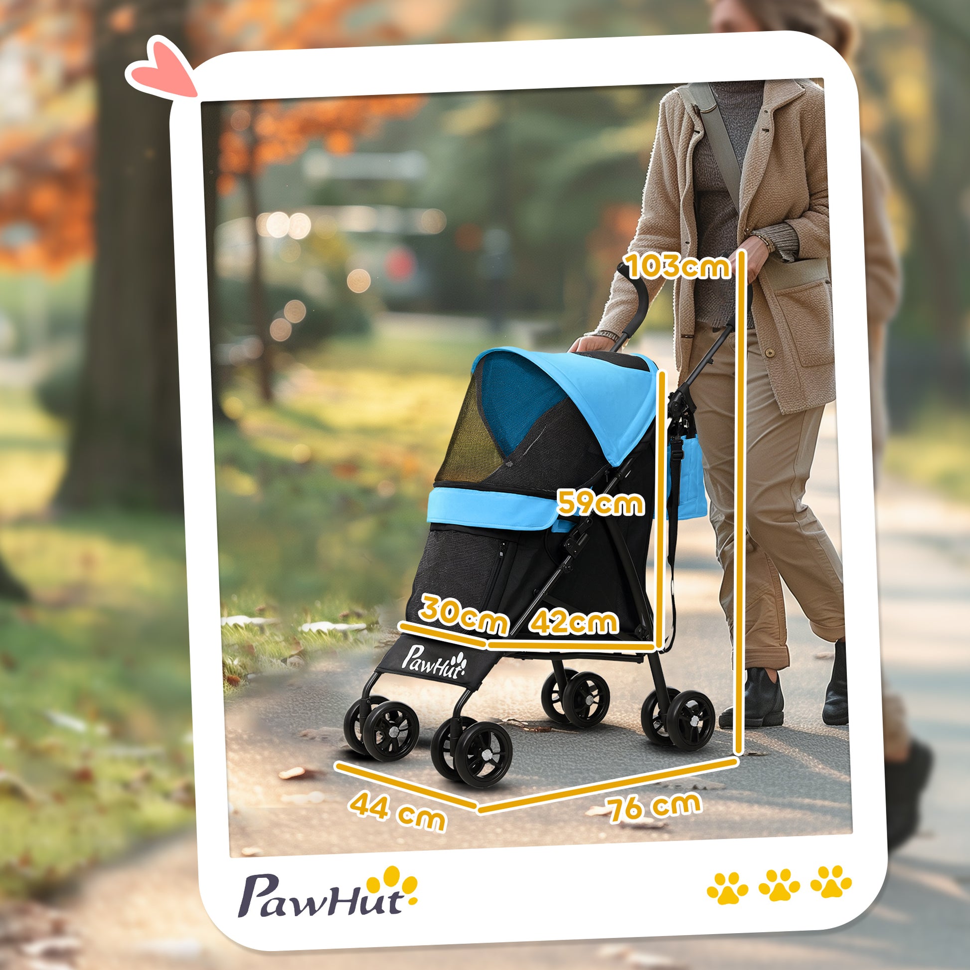 PawHut Carrinho para Cães Pequenos com Estrutura Compacta Carrinho Dobrável com Colchão Lavável Suporte para Copos Janelas de Rede e Bolsa de Arrumação 76x44x103 cm Azul