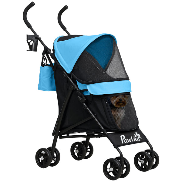 PawHut Carrinho para Cães Pequenos com Estrutura Compacta Carrinho Dobrável com Colchão Lavável Suporte para Copos Janelas de Rede e Bolsa de Arrumação 76x44x103 cm Azul