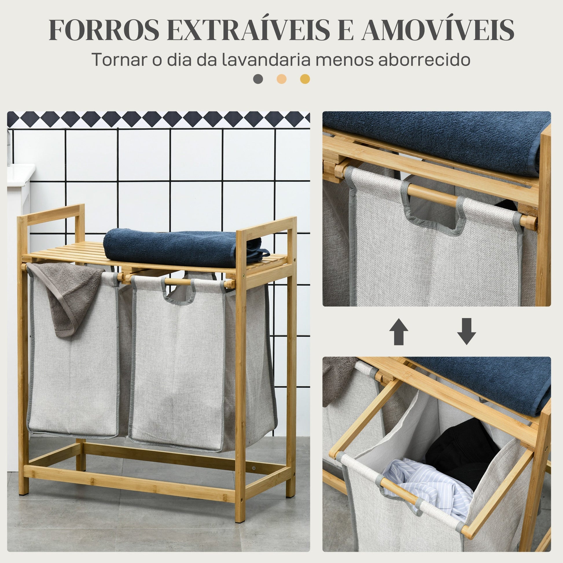 Cesto de Roupa de Bambu Cesto de Roupa Suja com 2 Bolsas Amovíveis e 2 Prateleiras Carga 20 kg 2x40,6L para Casa de Banho Dormitório 64x33x73 cm Madeira