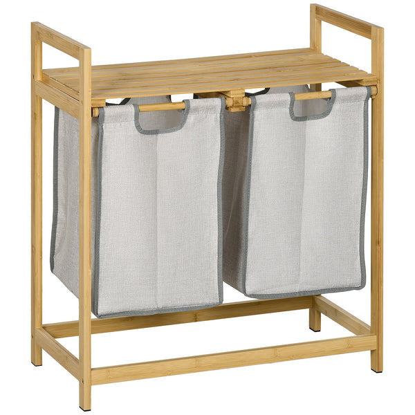 Cesto de Roupa de Bambu Cesto de Roupa Suja com 2 Bolsas Amovíveis e 2 Prateleiras Carga 20 kg 2x40,6L para Casa de Banho Dormitório 64x33x73 cm Madeira