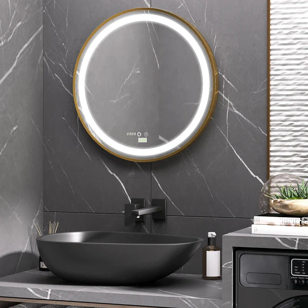 Espelho Casa de Banho com Luz LED Ø60x4cm Espelho Redondo com Interruptor Tátil 3 Luzes Ajustáveis Visualização de Temperatura e Hora Função de Memória Estrutura de Alumínio Dourado