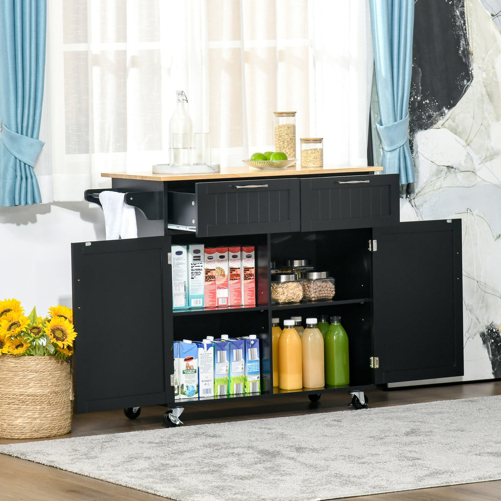 Ilha / Carrinho de Cozinha com Rodas Móvel Auxiliar de Cozinha com 2 Gavetas 2 Portas Prateleira Ajustável e Suporte para Guardanapos para Sala de Jantar Sala de Estar 104x46x91 cm Preto - A minha loja