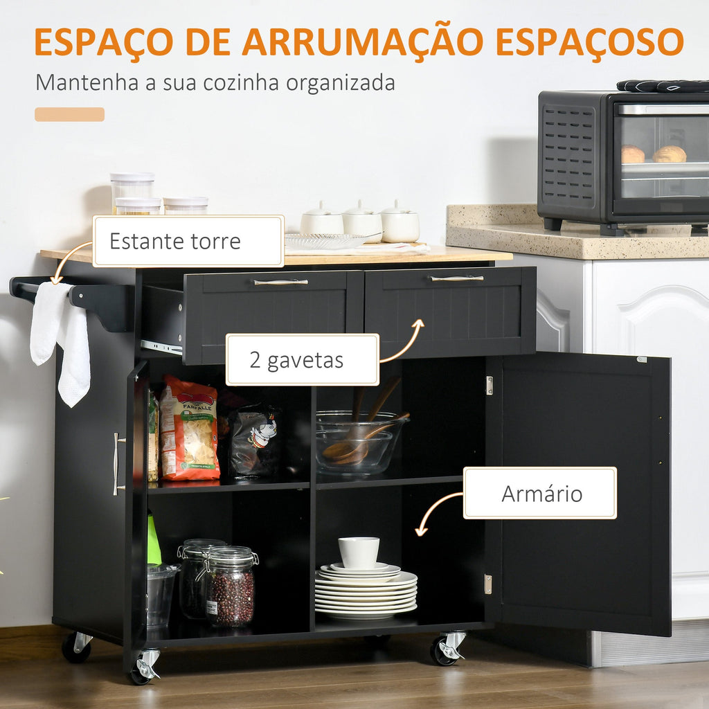 Ilha / Carrinho de Cozinha com Rodas Móvel Auxiliar de Cozinha com 2 Gavetas 2 Portas Prateleira Ajustável e Suporte para Guardanapos para Sala de Jantar Sala de Estar 104x46x91 cm Preto - A minha loja