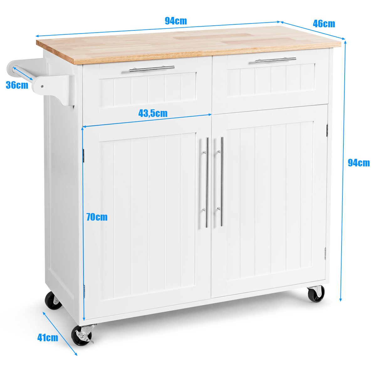 Ilha de Cozinha "Lund" – Carro de Serviço com Gavetas, Armários e Rodas Giratórias – 94 x 45 x 94,5 cm – Branco - A minha loja
