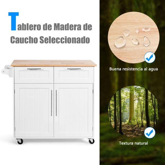 Ilha de Cozinha "Lund" – Carro de Serviço com Gavetas, Armários e Rodas Giratórias – 94 x 45 x 94,5 cm – Branco - A minha loja