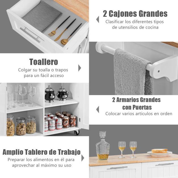 Ilha de Cozinha "Lund" – Carro de Serviço com Gavetas, Armários e Rodas Giratórias – 94 x 45 x 94,5 cm – Branco - A minha loja