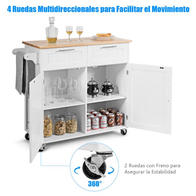 Ilha de Cozinha "Lund" – Carro de Serviço com Gavetas, Armários e Rodas Giratórias – 94 x 45 x 94,5 cm – Branco - A minha loja