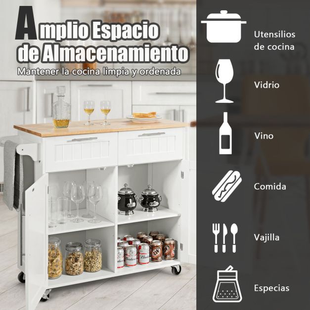 Ilha de Cozinha "Lund" – Carro de Serviço com Gavetas, Armários e Rodas Giratórias – 94 x 45 x 94,5 cm – Branco - A minha loja
