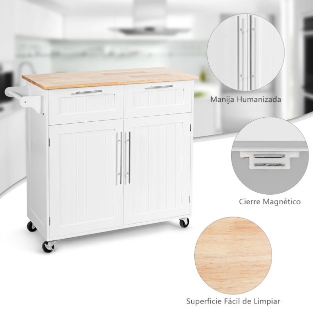 Ilha de Cozinha "Lund" – Carro de Serviço com Gavetas, Armários e Rodas Giratórias – 94 x 45 x 94,5 cm – Branco - A minha loja