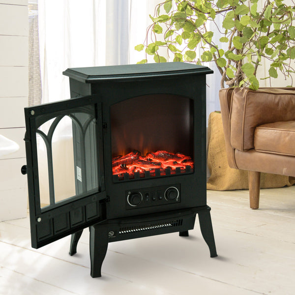 Lareira Elétrica Portátil 1000/2000W com Efeito de Chama Realista e Proteção Contra Superaquecimento para Ambientes entre 15-30m² 39x23x56,5cm Preto