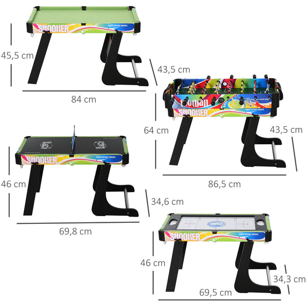 Mesa Multi-Jogos Dobrável Mesa de Jogos Desenho 4 em 1 Matraquilhos Hóquei de Mesa Bilhar Pingue-Pongue e Acessórios Incluídos 86,5x43,5x64 cm Multicor